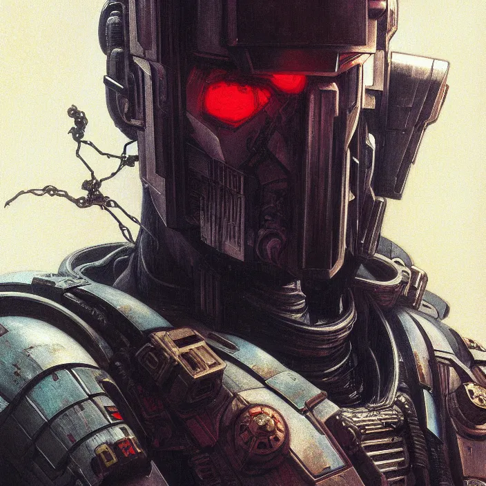 Image similar to excellent painted portrait of a replicant space marine from blade runner (1982), cyberpunk blade runner art, character artwork, 8k resolution artwork, trending on artstation, detailed oil painting portrait, art by artgerm and greg rutkowski and alphonse mucha and craig mullins and James Jean and Andrei Riabovitchev and Marc Simonetti and peter mohrbacher, matte painting