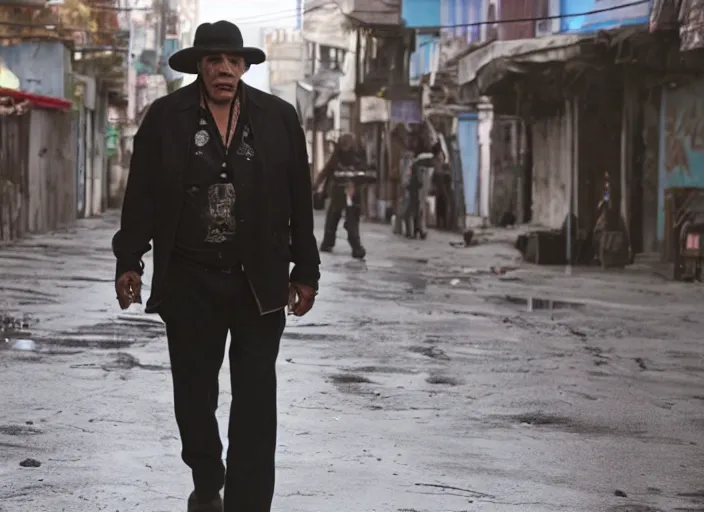 Image similar to film still of Danny Trejo roaming the dirty streets in the new Deathwish, 4k