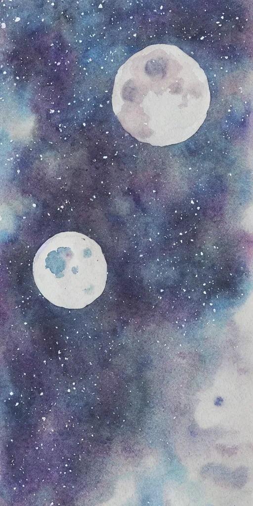 Prompt: traditional oriental water colour of space, liminal, lonely, highly detailed, black ink, moon hovers above