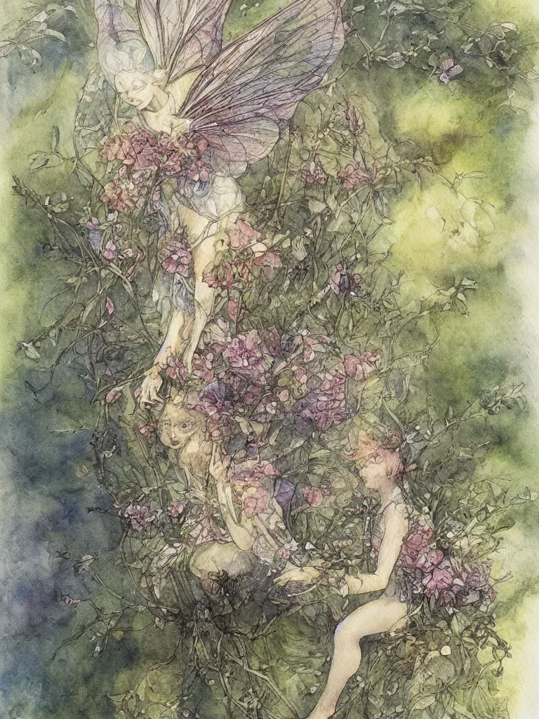 Image similar to annotated study of a flower fairy, illustration, watercolor, alan lee, detailed, pretty, ethereal,