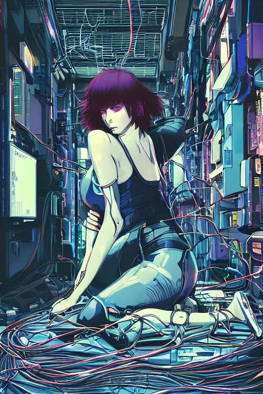 Image similar to hypedetailed cyberpunk illustration of motoko kusanagi kneeling on the floor in a tech lab, with a mess of wires and cables coming out of her head and backside, by masamune shirow and katsuhiro otomo, colorful, complex, back view