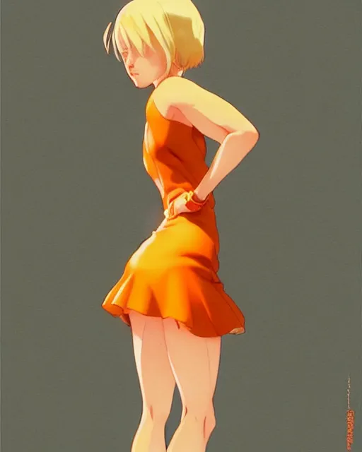 Prompt: blond woman in an orange ripped mini dress, by artgerm, by studio muti, greg rutkowski makoto shinkai takashi takeuchi studio ghibli