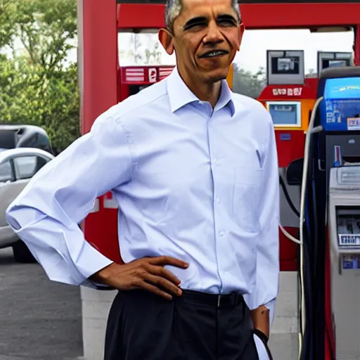 Image similar to barack obama, standing by a gas station, fresh fade haircut