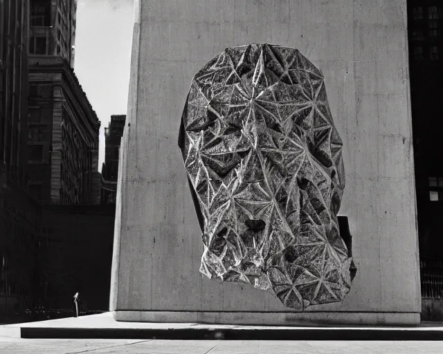 Image similar to by francis bacon, vivian maier, mystical photography evocative. an intricate fractal concrete and chrome carved sculpture of the secret faces of god, standing in a city center.