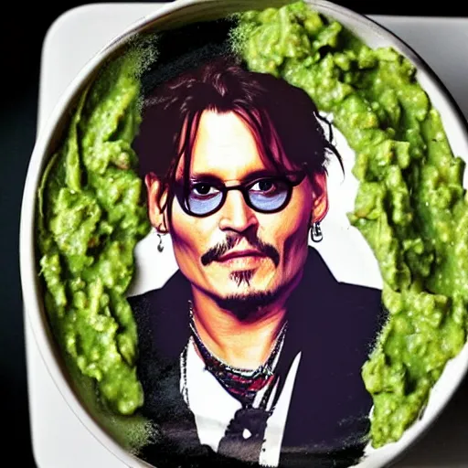 Image similar to johnny depp is inside a bowl of guacamole