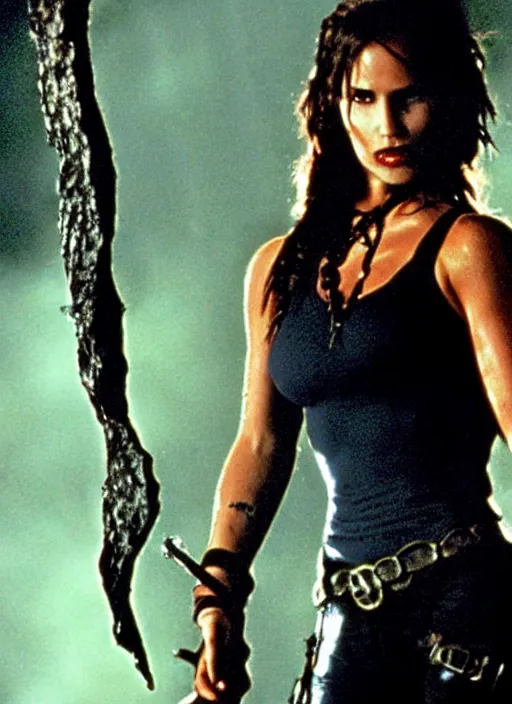 Image similar to candid photo of lara croft as a gothic vampire in the movie the lost boys