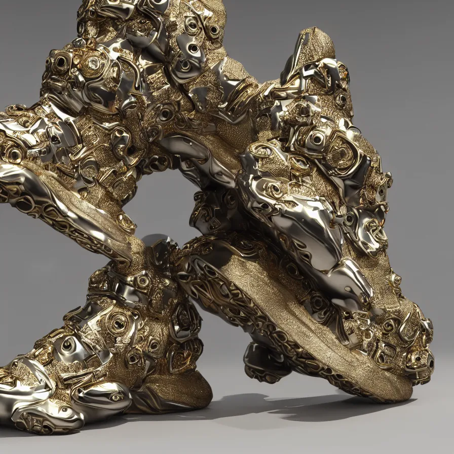 Image similar to futuristic balenciaga sneakers, nft art, highly detailed, hyper realistic, a ton of bussdown iced gold bling in wallace & gromit strata - cut claymation, ultra realistic, concept art, intricate details, serious, highly detailed, photorealistic, octane render, 8 k, unreal engine