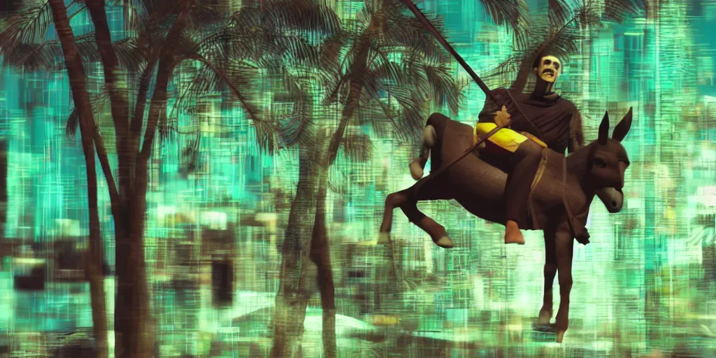 Image similar to donkey riding a playground swing, matrix style falling green text in the background, vaporwave, cyberpunk, digital art