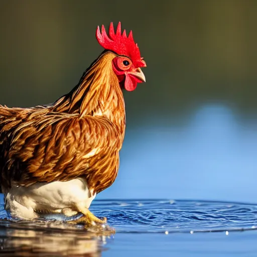 Image similar to close up photo of a chicken, drinking water from a lake in tasmania, bokeh, 4 0 0 mm lens, 4 k award winning nature photography