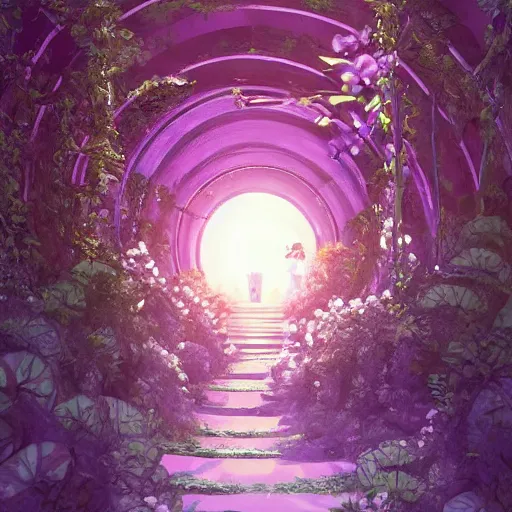 Image similar to a christian cross as the light is shining at the end of the tunnel, paradise outside of the tunnel, with pale purple and pale pink lighting, cute, aesthetic, anime, with a few vines and overgrowth, studio ghibli, cinematic, painting, high definition, digital art, symmetrical, very detailed, extremely high detail, photo realistic, concept art, unreal engine 5,