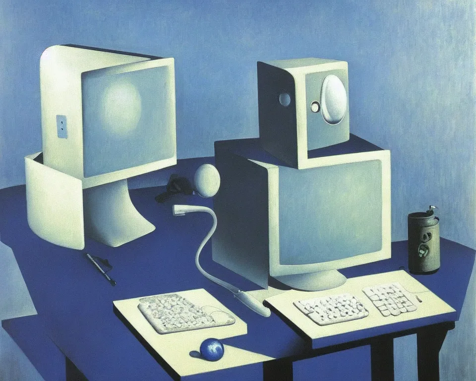 Prompt: achingly very beautiful painting of a imac g 3 by rene magritte, monet, and turner. whimsical.