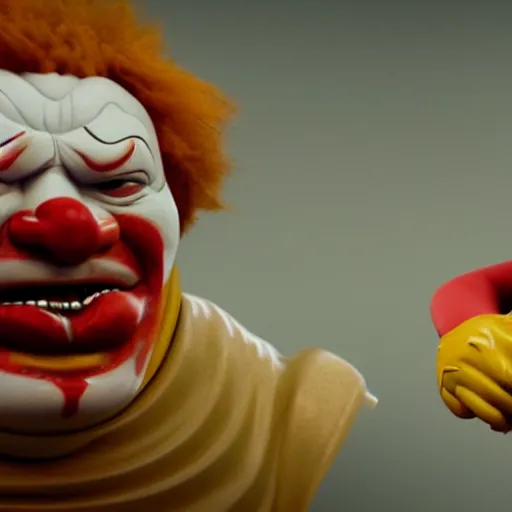 Image similar to Boris Johnson with evil Ronald McDonald body, realistic artstyle, wide shot, dramatic lighting, octane render, hyperrealistic, high quality, highly detailed, HD, beautiful, cinematic, 8k, unreal engine, facial accuracy, symmetrical