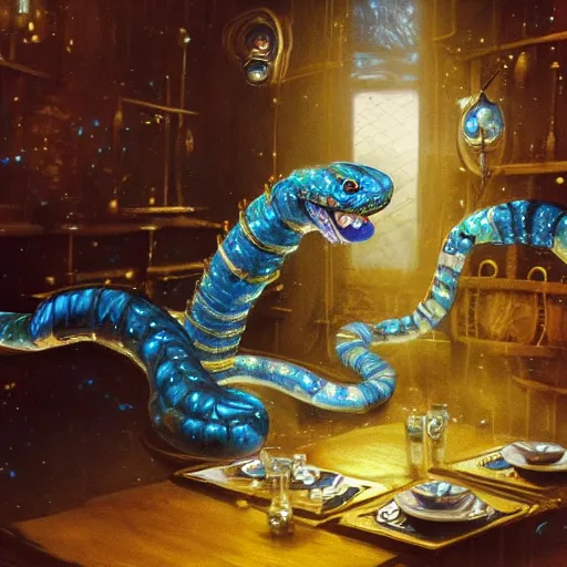 Image similar to an ethereal humanoid snake with hands, golden scales and blue accents scattered in its design, set in an empty tavern full of wispy blue spirits, warm yellow lights, art by yuji ikehata and satoshi kon, background art by miyazaki, realism, proper human male proportions, fully clothed, dungeons and dragons, anime