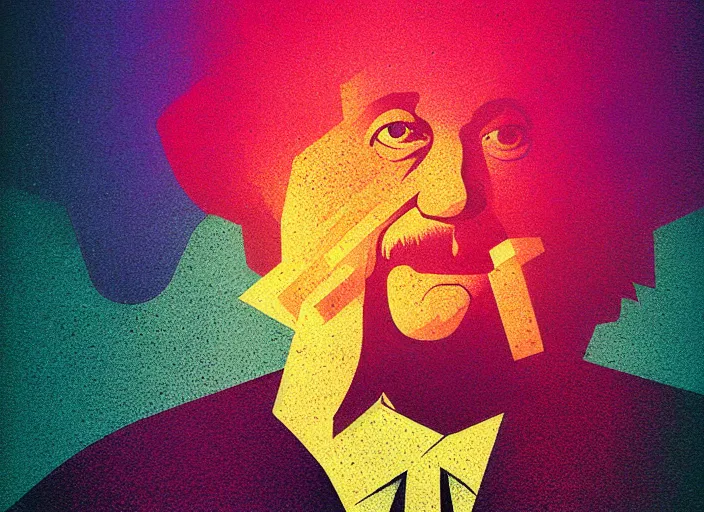 Prompt: portrait of a einstein, colorful, modern art deco, mads berg, karolis strautniekas, christopher balaskas, stippled light, fog, moody, fine texture, editorial illustration, dramatic lighting, dynamic composition, detailed, matte print, dynamic perspective, muted color