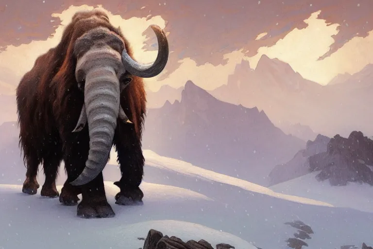 Image similar to a mammoth walking in a terrible snowstorm, luminous sky, by greg rutkowski and alphonse mucha, gradient brown to white, rocky mountains background, highly detailed landscape, digital painting, artstation, concept art, smooth, sharp focus illustration