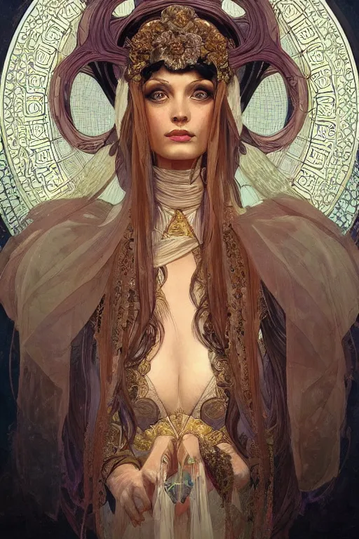 Image similar to high priestess, intricate, elegant, highly detailed, concept art, sharp focus, beautiful face!!, digital art, smooth defined outlines!!, human anatomy, human structure, by Brom, trending on Artstation, Alphonse Mucha