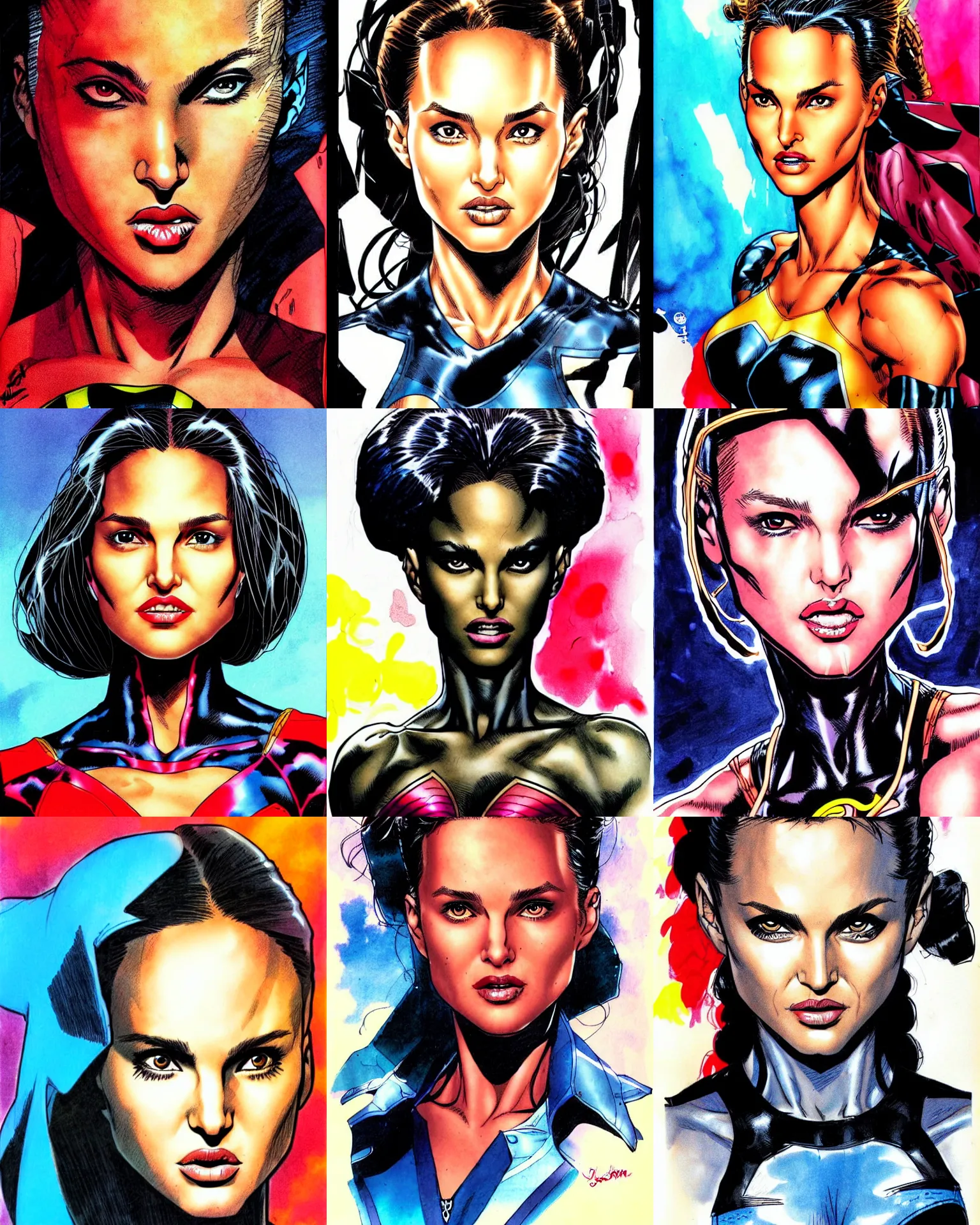 Prompt: jim lee!!! ink colorised airbrushed gouache sketch by jim lee close up headshot ofafricanl natalie portman in the style of jim lee, x - men superhero comic book character by jim lee