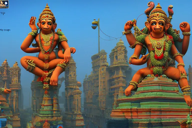 Prompt: high quality 3 d dreamscape! mumbai with biomorphic hanuman!! head building, kalighat detailed, unreal engine cinematic smooth, stephen shore & john j. park, soft morning light, wide shot, high angle, uhd 8 k, deep focus