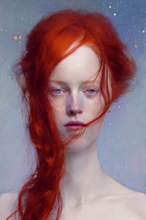 Image similar to of beautiful redhead female, beauty portrait by greg rutkowski, hilma af klint, moebius, victo ngai, sharp focus, global illumination, highly detailed, masterpiece, award winning, post processing