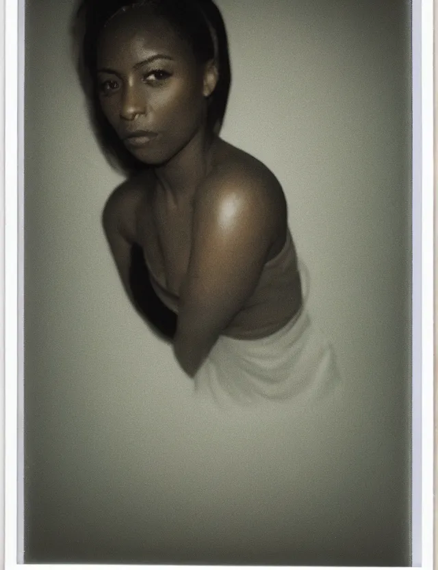 Prompt: polaroid photo with flash, portrait of a dark skin woman in top, polaroid photo bleached strong lights, kodak film stock, hyper real, stunning moody cinematography, with anamorphic lenses, by maripol, detailed