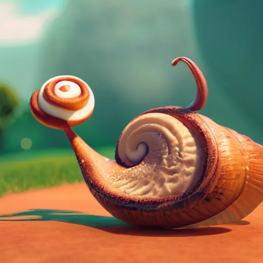 Prompt: cute cartoon snail with a cinnamon roll shell, still from pixar movie, disney 3 d, 8 k, octane render