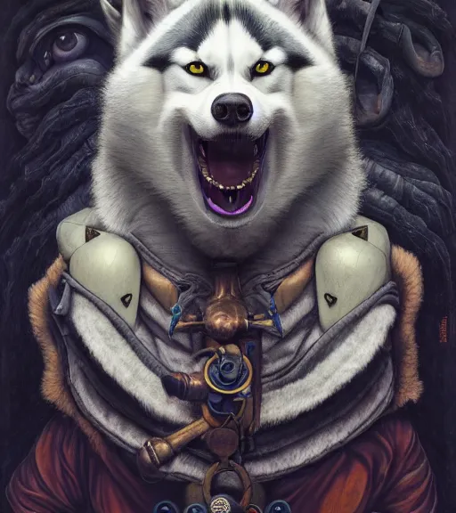 Prompt: portrait, nightmare anomalies, husky by dariusz zawadzki, kenneth blom, mental alchemy, james jean, pablo amaringo, naudline pierre, contemporary art, hyper detailed