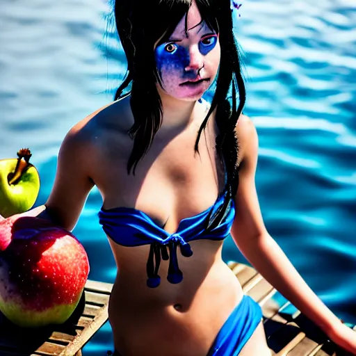 Image similar to a dnd Triton girl with blue skin and messy black hair wearing a black swimsuit sitting on the deck of a ship and holding an apple, a little blue-skinned girl with messy black hair sharp pointed ears freckles along the ridges of her cheeks, dnd triton, high resolution film still, 4k, HDR colors