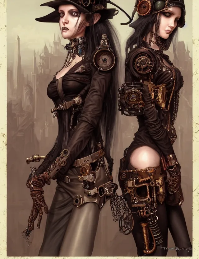 Image similar to a portrait of two steampunk goth girls, by moebius and tyler edlin and hr giger, trending on artstation, digital art, 4 k resolution, detailed, high quality, sharp focus, hq artwork, coherent, insane detail, concept art