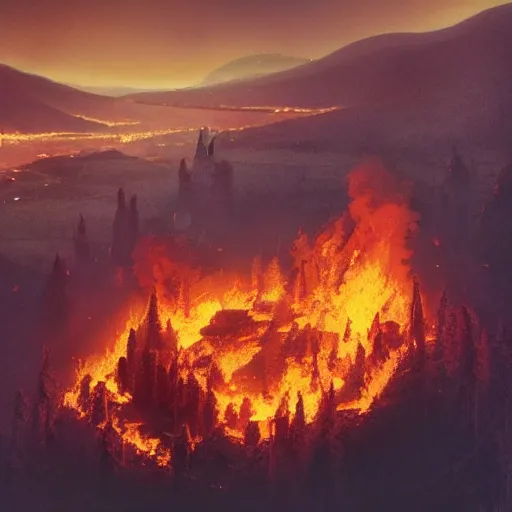 Prompt: a royal grand medieval castle on fire, on top of a hill, birds eye view from a distance, intense smoke, burning down, intense flames, center focus, landscape by simon stalenhag, rendered by beeple, by makoto shinkai, digital art