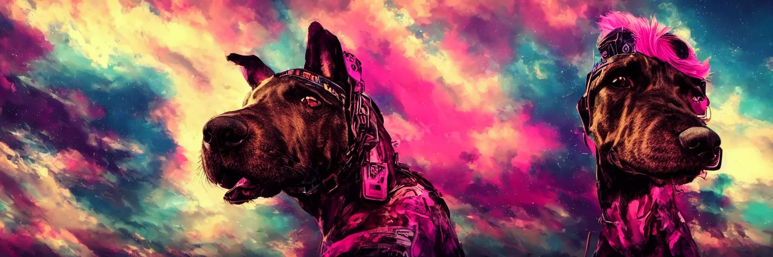 Prompt: hyperdetailed illustration, portrait big dog face, mohawk, stars, dark, pink, big train in space, pirate neon ship, neon, oil painting, rich deep colors masterpiece, ultra detailed, contrast, heaven pink, clouds, volumetric light, atmospheric lighting, dramatic, cinematic, moody, octane render 4 k, 8 k