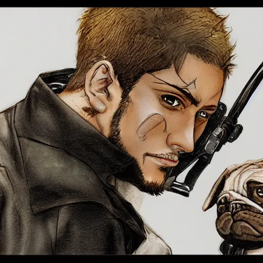 Image similar to self portrait, young white hispanic handsome man with short light brown hair and light skin and a 5 o clock shadow and holding a pug while fighting against 2 swordsmen pencil art, added detail, high definiton, colored, backfacing, illustrated by yoji shinkawa