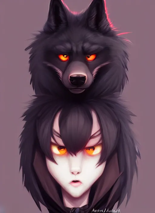 Image similar to character concept art of a black anthropomorphic furry male wolf long red hair | | cute - fine - face, pretty face, key visual, realistic shaded perfect face, fine details by stanley artgerm lau, wlop, rossdraws, james jean, andrei riabovitchev, marc simonetti, and sakimichan, trending on artstation