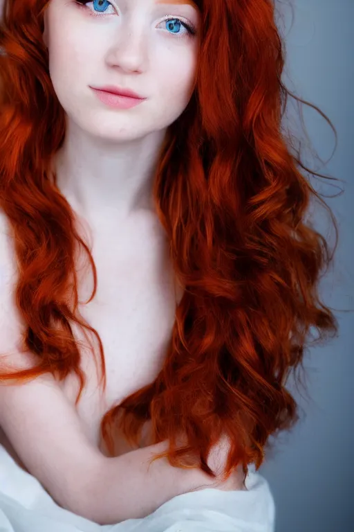 Image similar to a portrait of a redhead beautiful girl, green eyes, highly detailed, 3 5 mm f 1. 4 background silver fir