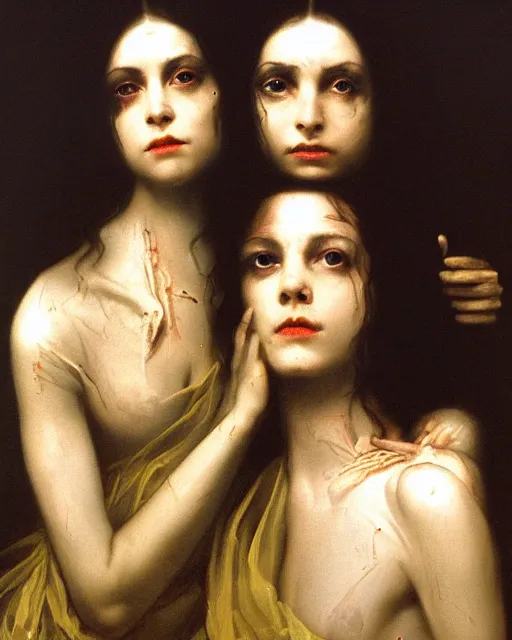 Prompt: a beautiful and eerie baroque painting of two beautiful but creepy siblings wearing black t - shirts in layers of fear, with haunted eyes and dark hair, 1 9 7 0 s, seventies, wallpaper, a little blood, morning light showing injuries, golden hour delicate embellishments, painterly, offset printing technique, by brom, robert henri, walter popp