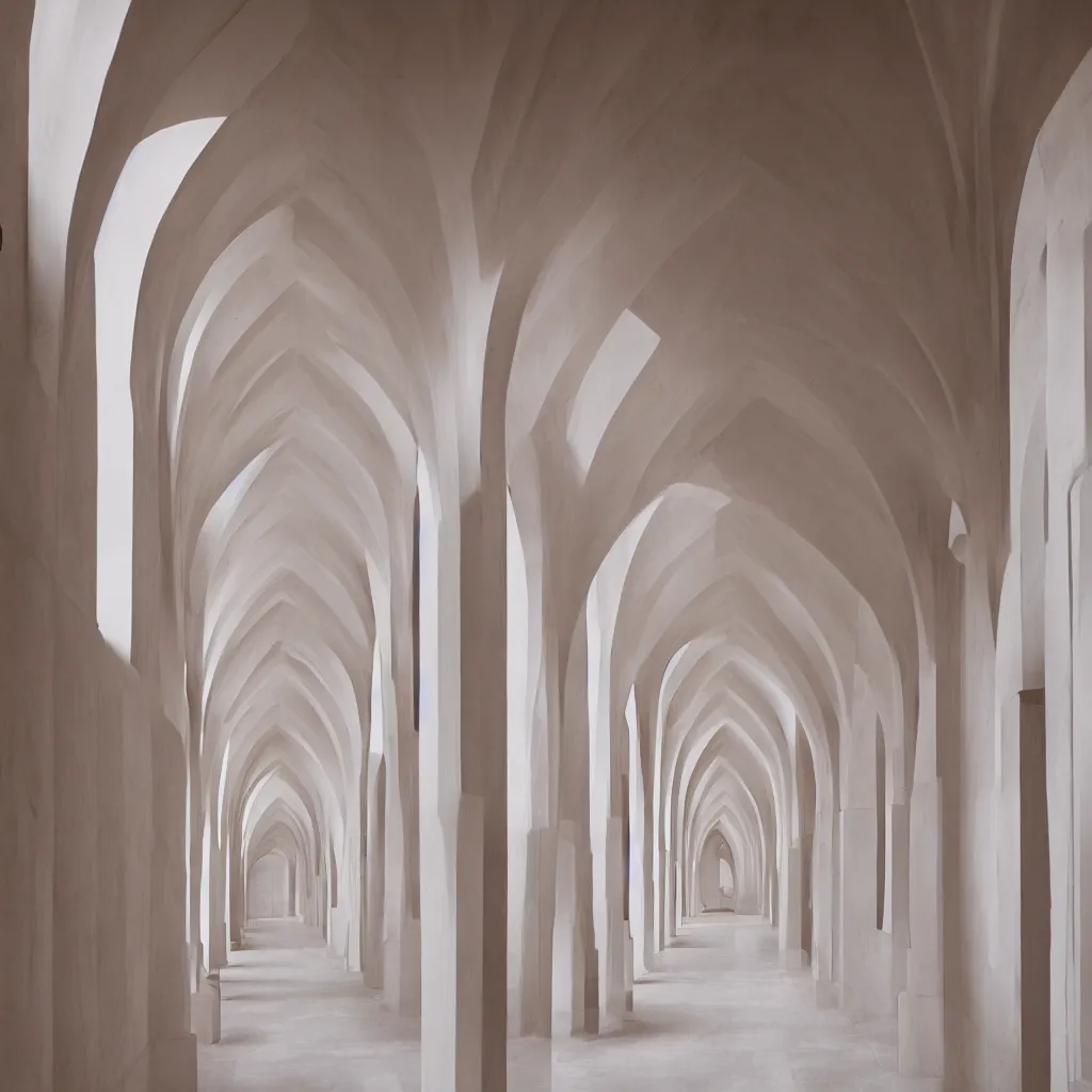 Image similar to photograph of a symmetrical hallway with multiple arches, pastel hues, minimalist, architecture magazine, dezeen, 50mm, pentax, film