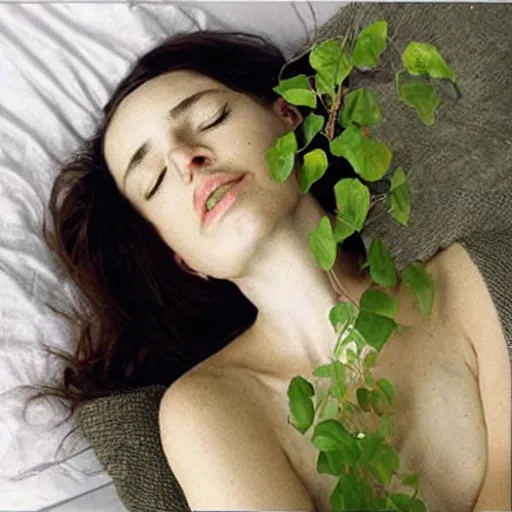 Image similar to “ very photorealistic photo of vines growing out of a woman ’ s book as she sleeps, award - winning details ”