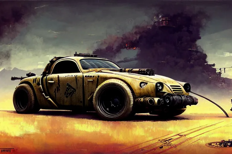 Prompt: dieselpunk mad max's alpine a 1 1 0 van, painted by greg rutkowski makoto shinkai takashi takeuchi studio ghibli, akihiko yoshida