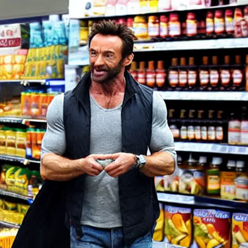 Prompt: photo of Hugh jackman wolverine grocery shopping