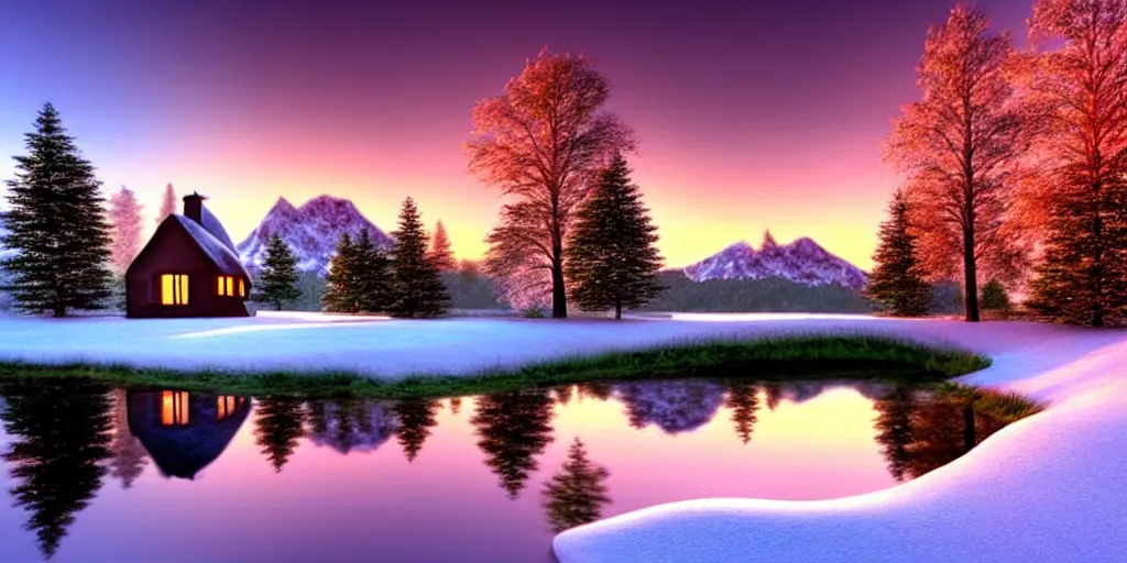 Image similar to a beautiful fantasy landscape, snowy mountain in background, little cottage, small pond, some trees in the corner, sunrise. hyper realism