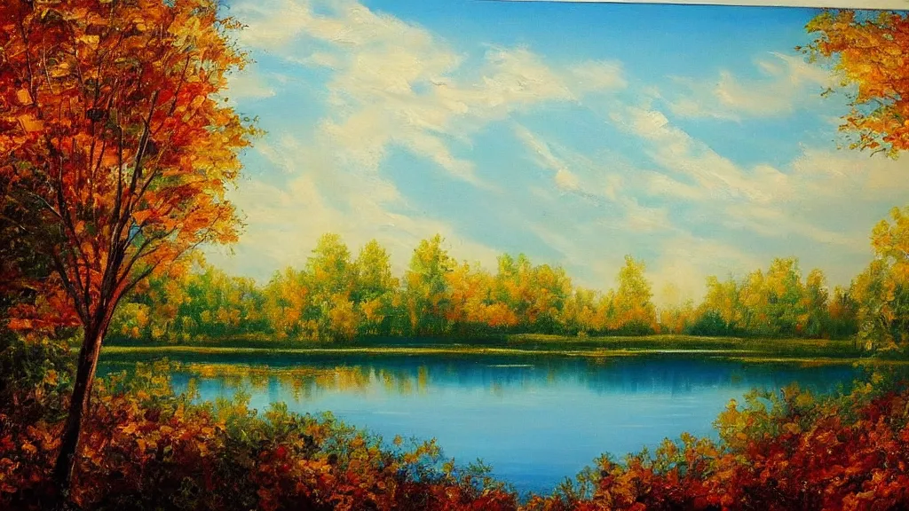 Prompt: beautiful panoramic landscape, oil painting, trees surrounding the reflective waters of a lake, gentle cloud cover and the sunbeams are falling through the gaps, the trees around have leaves the color of autumn,, by bob ross