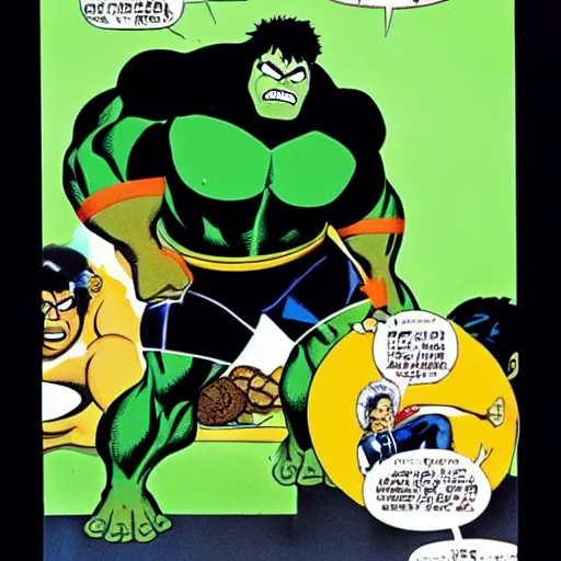 Image similar to fat chuck and the incredible hulk eating lunch. by frank miller
