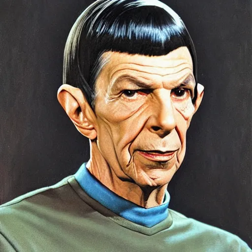 Prompt: a portrait painting Lenord Nimoy as Spock from Star Trek painted by Norman Rockwell