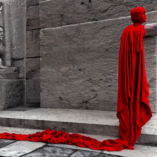 Image similar to a roman statue covered by red cloth that's blowing in the wind, digital art, concept art, cloth simulation with houdini, octane, redshift, 8 k