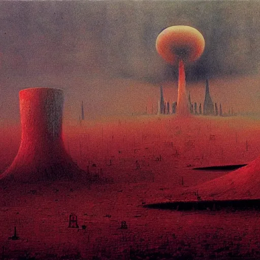 Prompt: a city being destroyed a nuclear explosion, painted by zdzislaw beksinski, melancholy