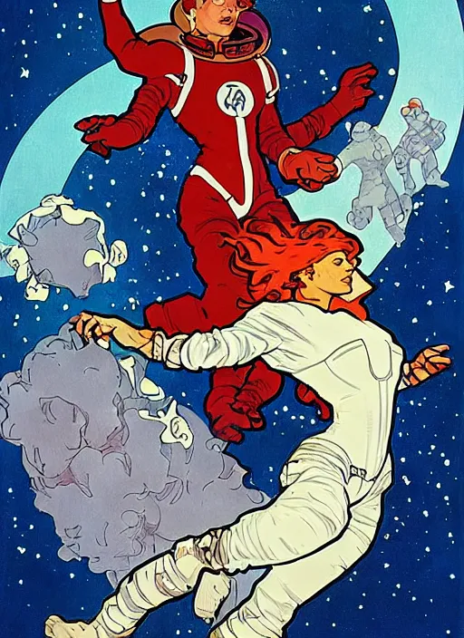 Prompt: a woman with red hair floating in space. she is an astronaut, she is wearing a space suit. well composed, clean elegant painting, beautiful detailed face. comic book art by mike mignola and alphonse mucha