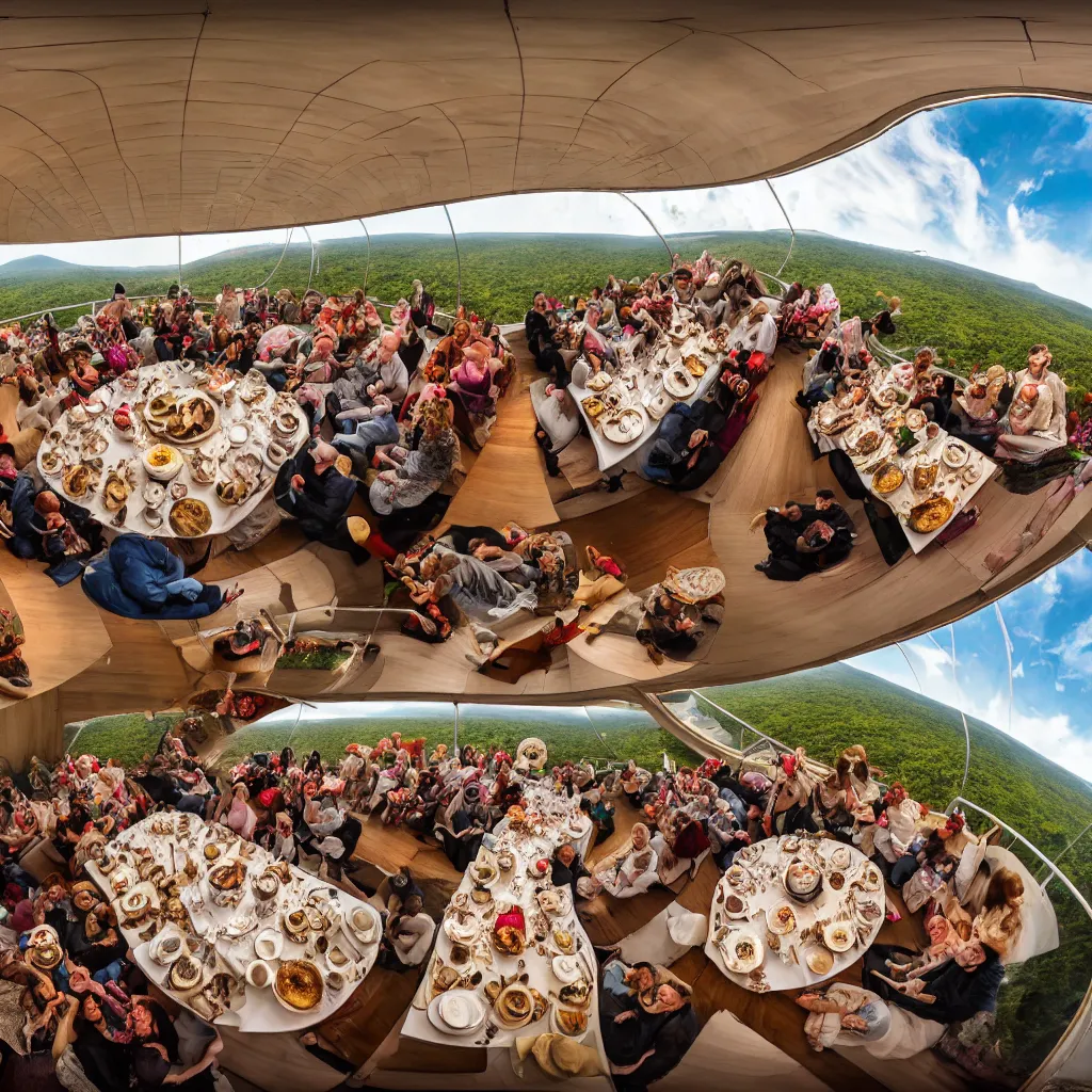 Image similar to elephant tea party, high tea, on a bridge, fulldome, 1 8 0 degree fisheye, 4 k,