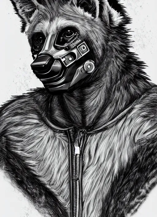 Image similar to cell shaded digital drawing of anthromorphic hyena female, fursona, furry fandom, neon rainy cyberpunk setting, anthro, wearing cyberpunk leather jacket, detailed face,