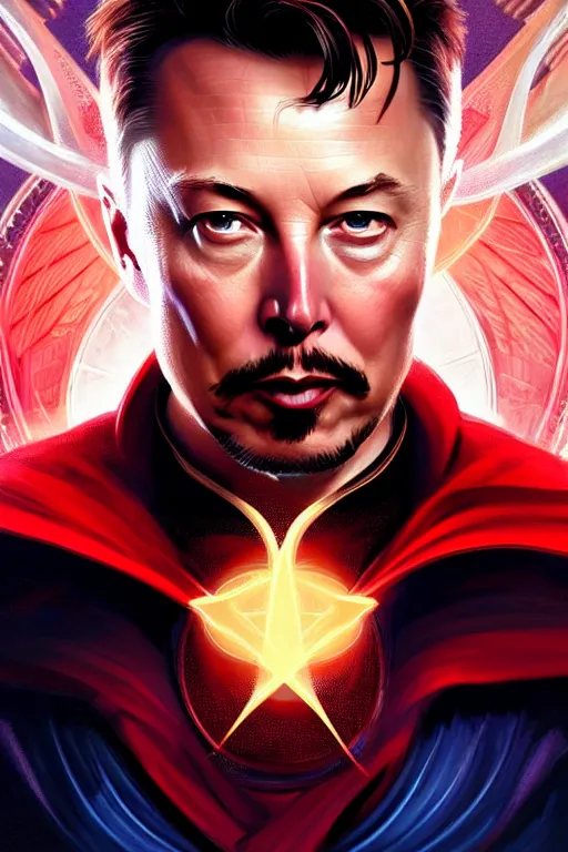 Image similar to elon musk as dr strange, realistic portrait, symmetrical, highly detailed, digital painting, artstation, concept art, smooth, sharp focus, illustration, cinematic lighting, art by artgerm and greg rutkowski and alphonse mucha