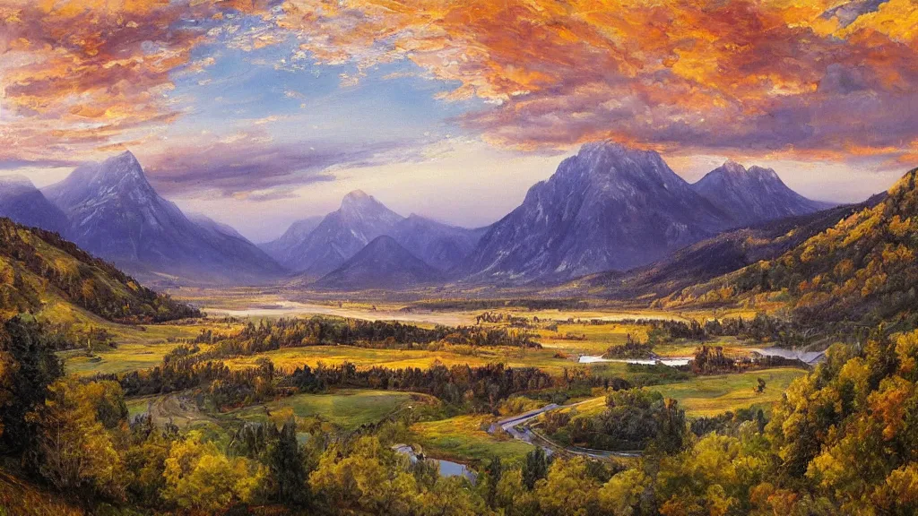 Image similar to The most beautiful panoramic landscape, oil painting, where the mountains are towering over the valley below their peaks shrouded in mist. The sun is just peeking over the horizon producing an awesome flare and the sky is ablaze with warm colors and stratus clouds. The river is winding its way through the valley to an italian village and the trees are starting to turn yellow and red, by Greg Rutkowski, aerial view