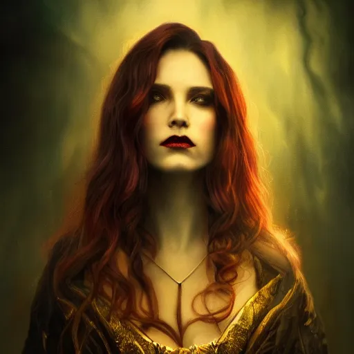 Image similar to majestic gracious regal aristocratic female vampire portrait, atmospheric lighting, painted, ravenous, tempestuous, menacing, intricate, volumetric lighting, beautiful, rich deep colours masterpiece, golden hour, sharp focus, ultra detailed, by leesha hannigan, ross tran, thierry doizon, kai carpenter, ignacio fernandez rios